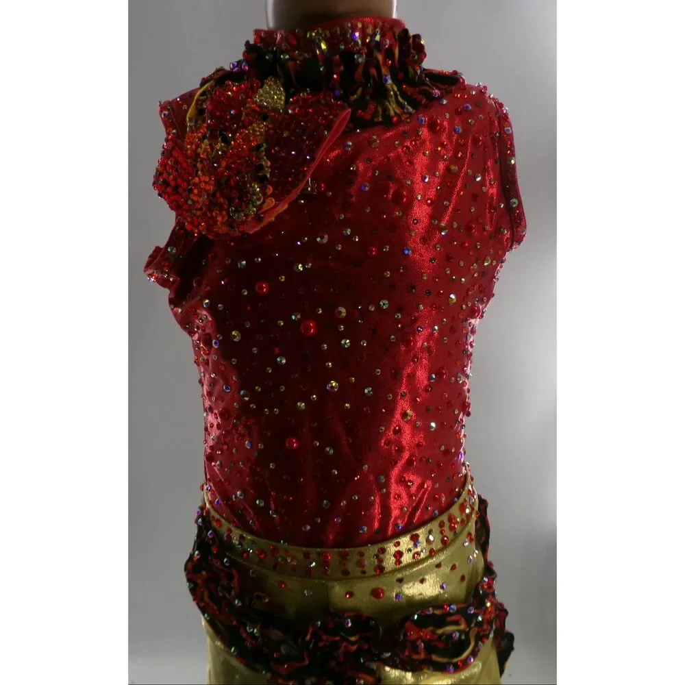 Pre-Owned Dance Costume Medium Child Red Double Platinum Jazz Tap Clogging Acro